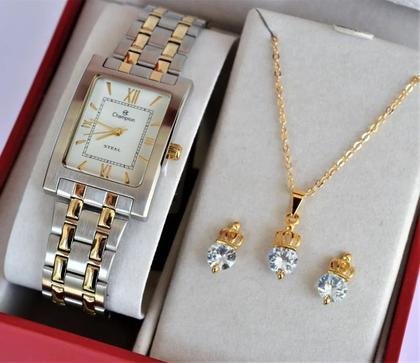 Imagem de Relogio champion feminino quadrado misto ch22395o + kit semi joia
