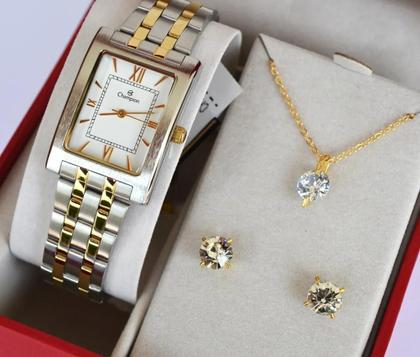 Imagem de Relogio champion feminino quadrado misto ch22395o + kit semi joia