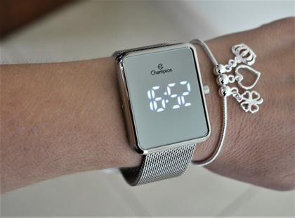 Imagem de Relogio champion prateado espelhado quadrado digital ch40080s + pulseira