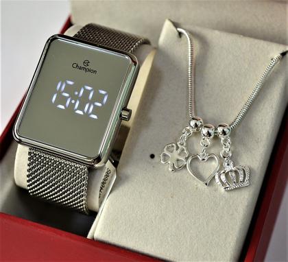 Imagem de Relogio champion prateado espelhado quadrado digital ch40080s + pulseira