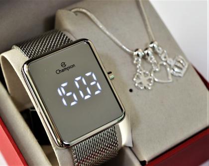 Imagem de Relogio champion prateado espelhado quadrado digital ch40080s + pulseira
