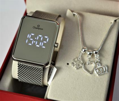 Imagem de Relogio champion prateado espelhado quadrado digital ch40080s + pulseira