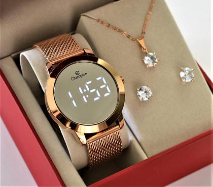 Imagem de Relogio champion rose espelhado lançamento ch40106p + kit semi joia