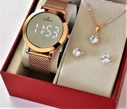 Imagem de Relogio champion rose espelhado lançamento ch40106p + kit semi joia