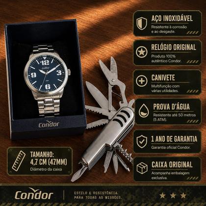 Imagem de Relógio Condor Masculino Prata Preto Prova d'água com 1 ano de garantia e carteira
