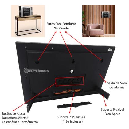 Imagem de Relógio De Mesa Ou De Parede Digital Com Calendário Termômetro E Alarme ZB3002PR