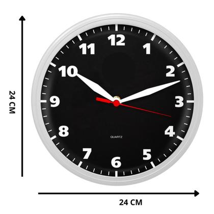 Imagem de Relógio de Parede Redondo Branco Preto Clássico para Decoração de Sala Cozinha Escritório Mecanismo Quartz Tic Tac 24 Cm