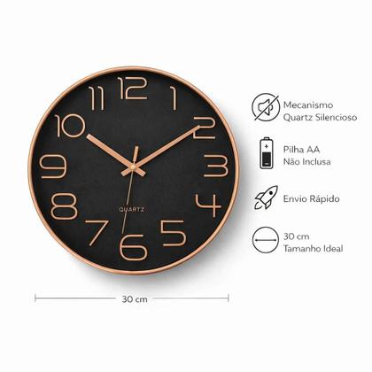 Imagem de Relógio de Parede Redondo Decorativo 30cm Ponteiro Silencioso Quartz Decoração de Cozinha Sala Casa Escritório