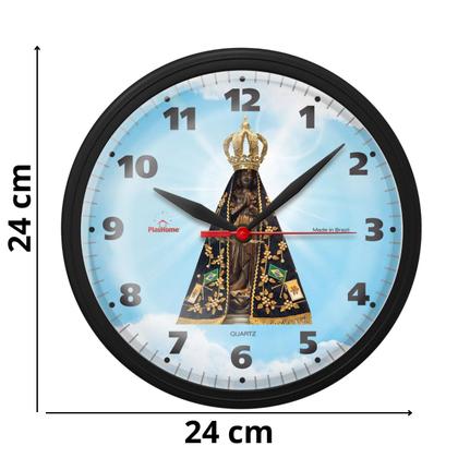 Imagem de Relógio de Parede Redondo Ômega Preto Nossa Senhora Aparecida Plashome Sala Cozinha e Escritório