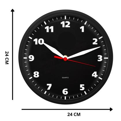 Imagem de Relógio de Parede Redondo Preto Preto Clássico para Decoração de Sala Cozinha Escritório Mecanismo Quartz Tic Tac 24 Cm
