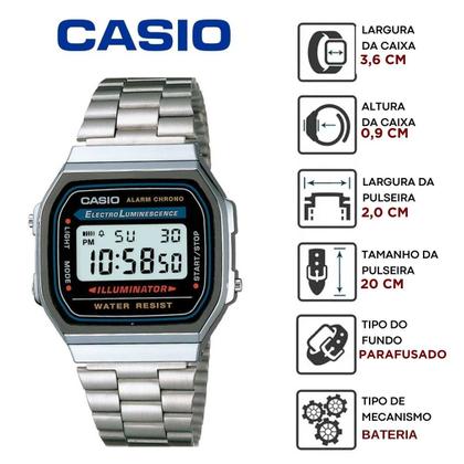 Imagem de Relógio de Pulso Casio Feminino Masculino Digital Aço Inóx Vintage Resistente Água Quadrado Pequeno Casual Prata A168WA-1WDF