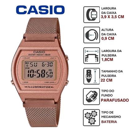 Imagem de Relógio de Pulso Casio Feminino Pequeno Casual Quartz Prova Dágua 50 Metros Estiloso Digital Aço Inóx Revestido Ouro Rosa Metálico Rose Gold B640WMR-5ADF