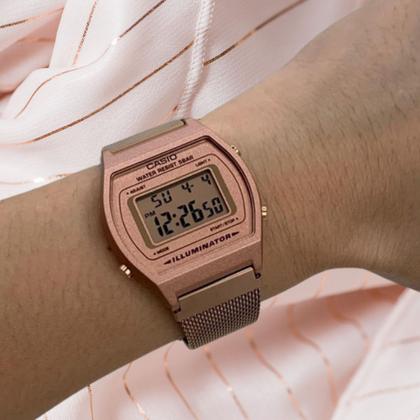 Imagem de Relógio de Pulso Casio Feminino Pequeno Casual Quartz Prova Dágua 50 Metros Estiloso Digital Aço Inóx Revestido Ouro Rosa Metálico Rose Gold B640WMR-5ADF