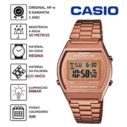 Imagem de Relógio de Pulso Casio Feminino Vintage Quadrado Digital Prova Dágua 5 ATM Illuminator Pulseira Aço Inóx Casual Rose Gold B640WC-5ADF
