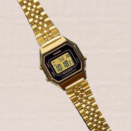 Imagem de Relógio de Pulso Casio Illuminator Quadrado Feminino Masculino Vintage Pequeno Digital Resistente água 3 ATM Casual Dourado LA680WGA-1DF