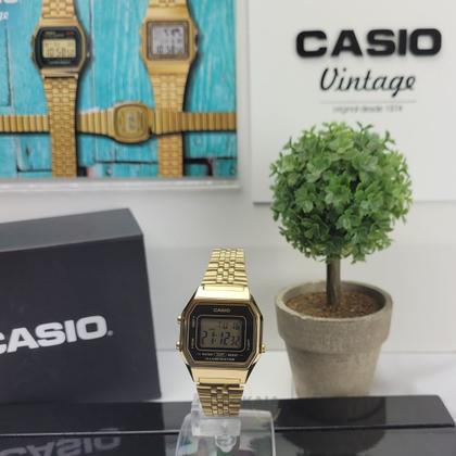 Imagem de Relógio de Pulso Casio Illuminator Quadrado Feminino Masculino Vintage Pequeno Digital Resistente água 3 ATM Casual Dourado LA680WGA-1DF