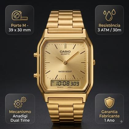 Imagem de Relógio de Pulso Casio Masculino Feminino Quadrado Retro Vintage Analógico Digital Fashion Alarme Calendário Quartz Casual Dourado AQ-230GA-9DMQ