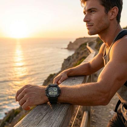 Imagem de Relógio de Pulso Casio Masculino Tábua de Marés Dual Time Hora Mundial Prova Dagua 100 Metros Digital Esportivo Surfista Preto WS-1700H-1AV