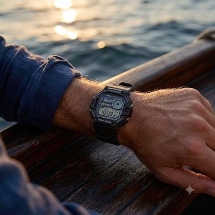 Imagem de Relógio de Pulso Casio Masculino Tábua de Marés Dual Time Hora Mundial Prova Dagua 100 Metros Digital Esportivo Surfista Preto WS-1700H-1AV