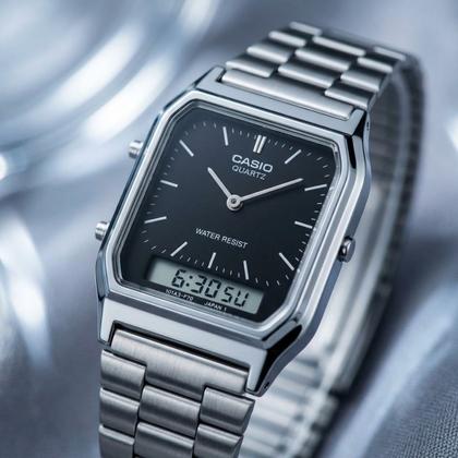 Imagem de Relógio de Pulso Casio Unissex Vintage Feminino Masculino Pequeno Quadrado Digital Analógico Prova Dágua 3 ATM Prata AQ-230A-1DMQ
