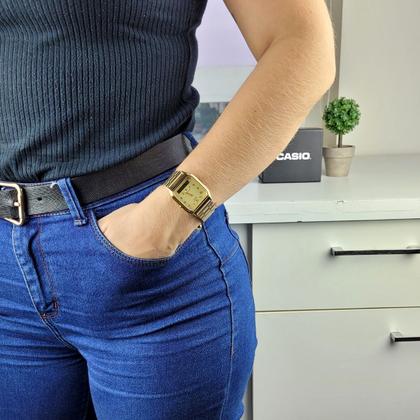 Imagem de Relógio de pulso Casio Unissex Vintage Masculino Feminino Analogico Digital Retro Pulseira em Aço Inóx Dourado AQ-230GA + Chaveiro