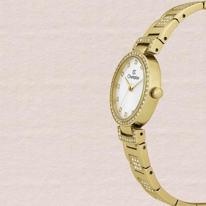 Imagem de Relógio de Pulso Champion Feminino Pequeno Analógico Prova D'água 5ATM 50 Metros Social Fashion Pulseira Aço Inóx Dourado CF25652H