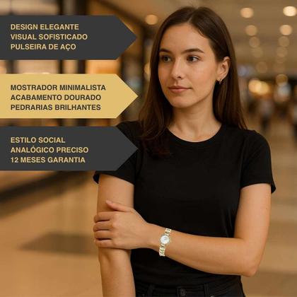 Imagem de Relógio de Pulso Champion Feminino Pequeno Analógico Prova D'água 5ATM 50 Metros Social Fashion Pulseira Aço Inóx Dourado CF25652H