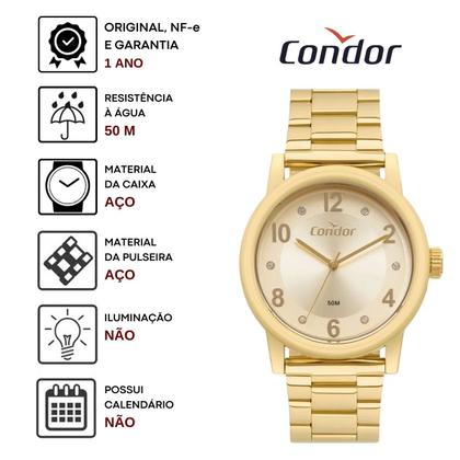 Imagem de Relógio de Pulso Condor Feminino Pequeno Analogico Aço Inóx COPC21 Dourado