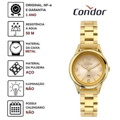 Imagem de Relógio de Pulso Condor Feminino Pequeno Analogico Aço Inóx COPC21 Dourado