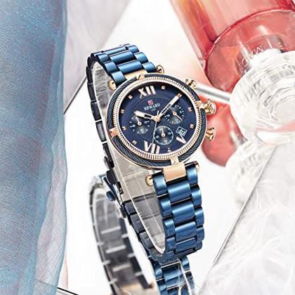 Imagem de Relógio de pulso feminino de quartzo com calendário, à prova d'água, inoxidável, design moderno para mulheres REWARD Chr