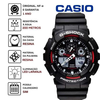 Imagem de Relógio de Pulso G-Shock Masculino Robusto Hora Mundial Resistente Choques Prova Dágua 200 Metros 5 alarmes Esportivo Preto GA-100-1A4DR