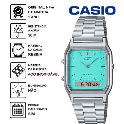 Imagem de Relógio de Pulso Masculino Feminino Casio Vintage Unissex Anadigi Analógico Digital Quadrado Resistente Água Casual Prata AQ-230A-2A2MQYDF