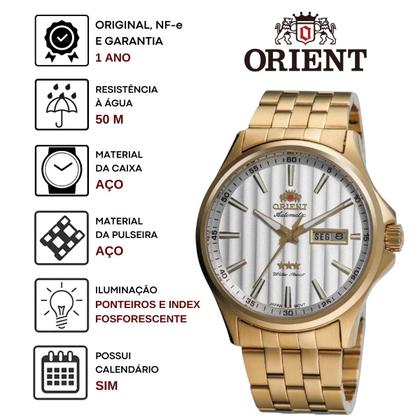 Imagem de Relógio de Pulso Orient Masculino Automático 3 Estrelas Mecânico Aço Inóx Prova DÁgua 50 Metros Casual Dourado 469GP043F S1KX