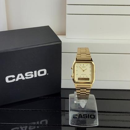 Imagem de Relógio de pulso Unissex Casio Vintage Analógico Digital Masculino Feminino Retro Pulseira em Aço Inóx Dourado AQ-230GA