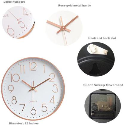 Imagem de Relógio Decorativo de Parede 25cm Rose Gold Redondo Moderno Silencioso Decoração Casa Cozinha Sala Escritório