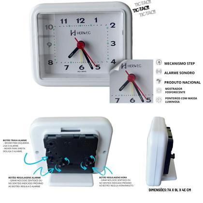 Imagem de Relógio Despertador Alarme Forte Retro Quadrado Decorativo De Cabeceira Mesa Analógico Cores Herweg