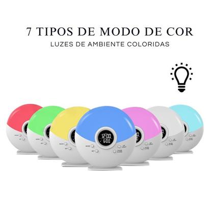 Imagem de Relógio Despertador Digital Multifuncional Rádio FM LED com Luz de Atmosfera Colorida Brilho Design Compacto Ajustável