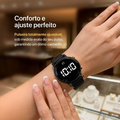 Imagem de relogio digital aco feminino + colar pulseira casual black piano silicone preto led presente ajustavel social original
