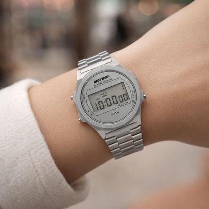 Imagem de Relógio Digital de Pulso Unisex Prata Retro Vintage com Pulseira de Aço Inoxidável à Prova D Água Mormaii