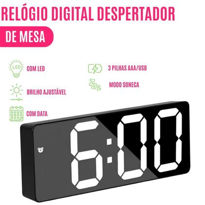 Imagem de Relógio Digital Despertador c/ LED Voz Data Temperatura Soneca USB Pilha Brilho Ajustável de Mesa