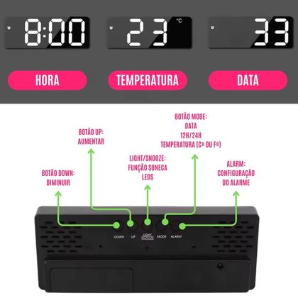 Imagem de Relógio Digital Despertador c/ LED Voz Data Temperatura Soneca USB Pilha Brilho Ajustável de Mesa