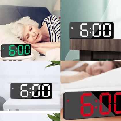 Imagem de Relógio Digital Despertador c/ LED Voz Data Temperatura Soneca USB Pilha Brilho Ajustável de Mesa