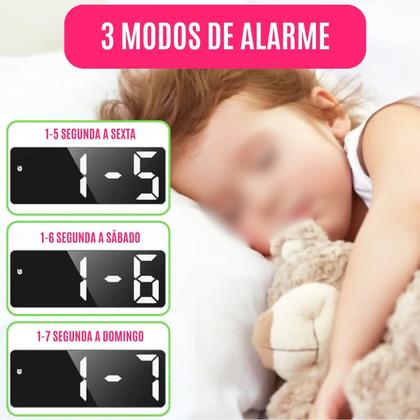 Imagem de Relógio Digital Despertador c/ LED Voz Data Temperatura Soneca USB Pilha Brilho Ajustável de Mesa