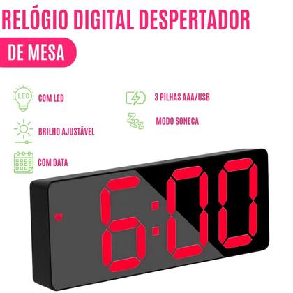 Imagem de Relógio Digital Despertador c/ LED Voz Data Temperatura Soneca USB Pilha Brilho Ajustável de Mesa