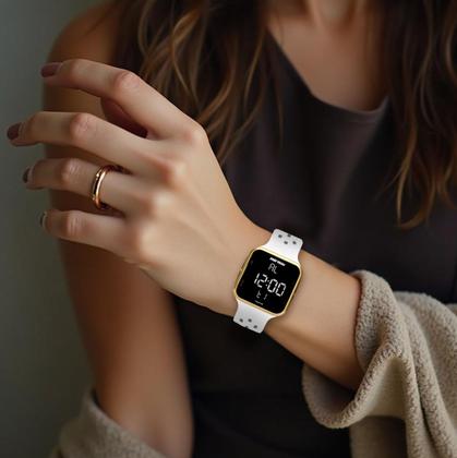 Imagem de Relógio Digital Feminino de Pulso com Pulseira de Silicone à Prova D Água Quadrado Luxo Elegante Fashion Branco e Dourado Mormaii