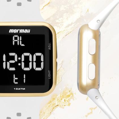 Imagem de Relógio Digital Feminino de Pulso com Pulseira de Silicone à Prova D Água Quadrado Luxo Elegante Fashion Branco e Dourado Mormaii