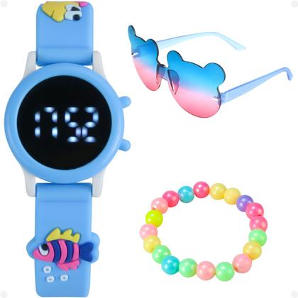 Imagem de relogio digital infantil menina azul + pulseira + oculos sol qualidade premium original presente