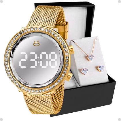 Imagem de Relógio Digital Led Feminino Dourado Pedras Brilhante Moda Luxo + Colar Brinco Strass Garantia