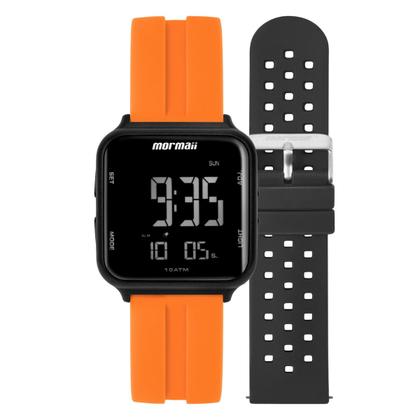 Imagem de Relógio Digital Masculino e Feminino Unisex de Pulso Troca a Pulseira Kit com 2 Pulseiras Preto e Laranja à Prova D Água Quadrado Mormaii