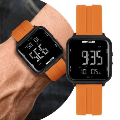 Imagem de Relógio Digital Masculino e Feminino Unissex de Pulso Troca a Pulseira Kit com 2 Pulseiras Preto e Laranja à Prova D Água Quadrado Mormaii